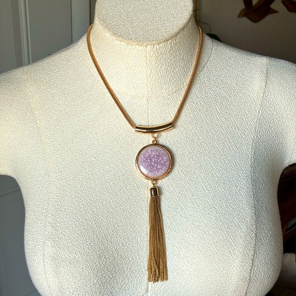 Pink Lavender Pendant Gold Tassel Necklace
